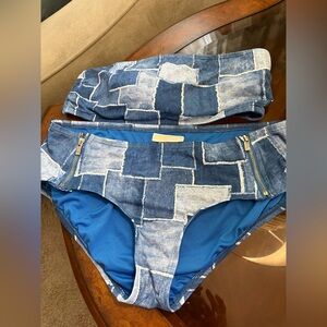 MICHAEL Michael Kors 2 pc blue denim patchwork Bandeau swimsuit size large
